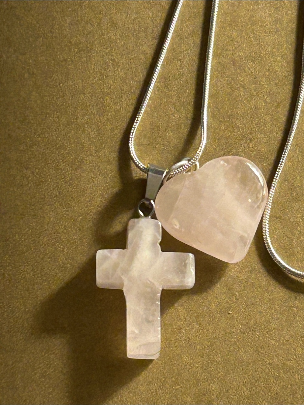 NWOT Necklace Rose Quartz Heart & Cross handcarved 1” .925 Sterling sp 18”chain